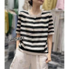 jm25817韩版洋气设计款打底夏季圆领针织上衣拼色条纹短袖T恤衫女